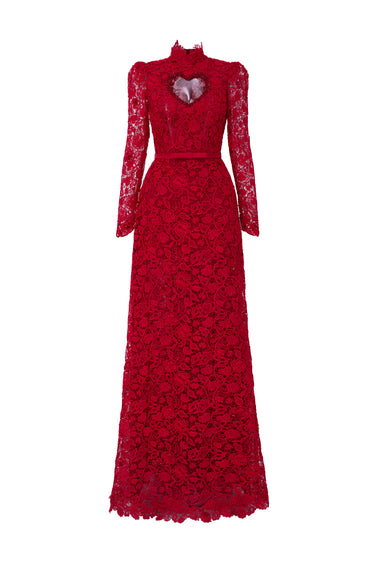 Red Vine Floral Lace Long-Sleeve Maxi Dress With Heart Cutout, Balloon Drawstring - IHF STUDIO
