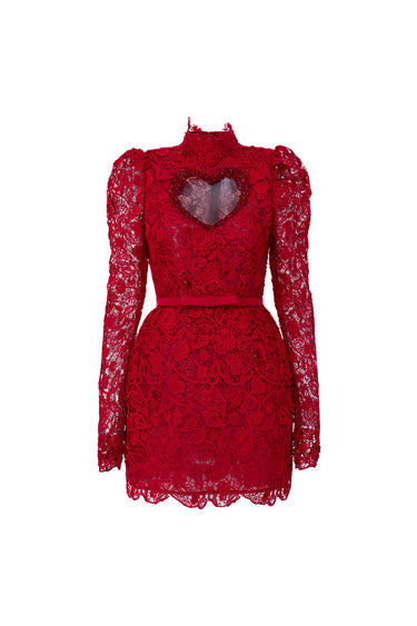 Red Vine Floral Lace Long-Sleeve Mini Dress With Heart Cutout, Balloon Drawstring - IHF STUDIO