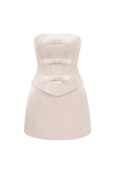 Silk Taffeta Strapless Beige Top with Crystal Bow Details - IHF STUDIO