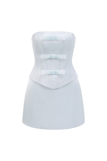 Silk Taffeta Strapless Blue-Grey Top with Crystal Bow Details - IHF STUDIO