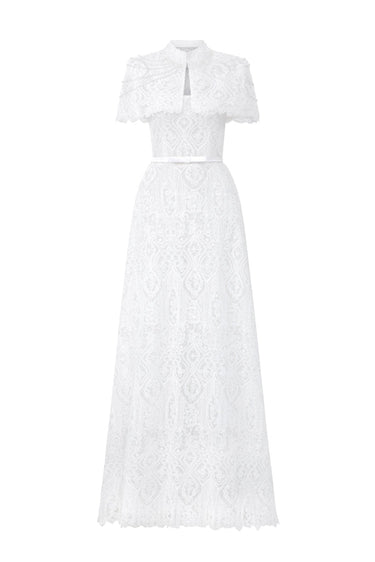 White Architectural Lace Bustier A-Line Dress With Mini Cape And Crystal Embellishment - IHF STUDIO