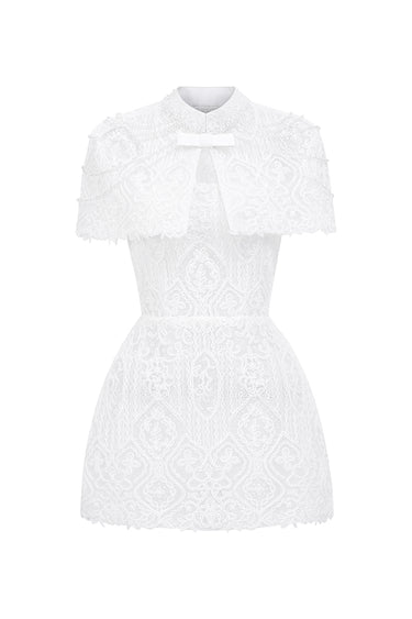 White Architechtural Lace Mini Dress With Cape - IHF STUDIO