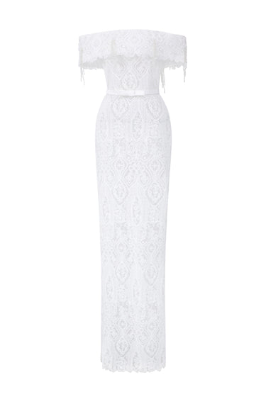White Architectural Lace Off-Shoulder Dress With Crystal Embellishment - IHF STUDIO