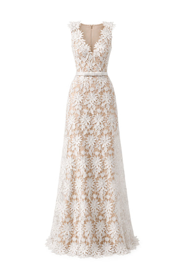 White Botanical Floral Lace Maxi A-Line Dress with Deep V-Neck Dress and Lace - IHF STUDIO