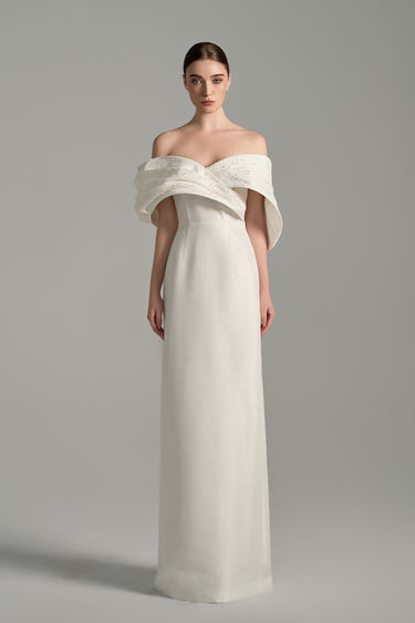 White taffeta column gown with sculpted off-shoulder draping and crystal embellishments - IHF STUDIO