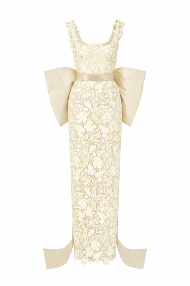 White Floral Garden Lace Square-Neck Column Dress With Large Back Bow - IHF STUDIO