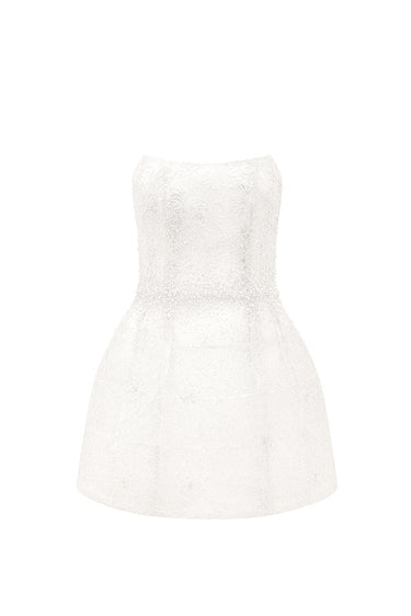 White Floral Mesh Lace Corset Bell-Shaped Mini Dress with Crystal Waist Embellishment - IHF STUDIO