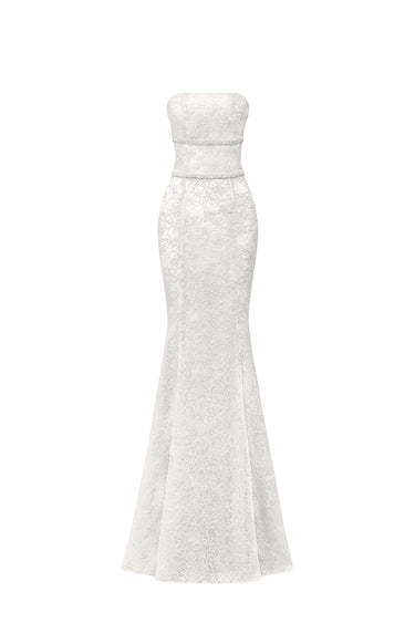 White Floral Mesh Lace Strapless Mermaid Dress - IHF STUDIO