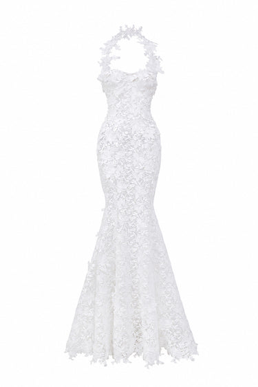 White Floral Vine Lace mermaid maxi dress with cupped bodice - IHF STUDIO