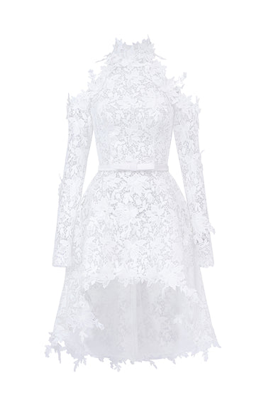 White Floral Vine Lace Mini Mullet Dress With Halter Neck And Long Sleeves - IHF STUDIO