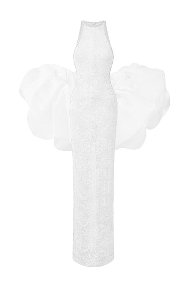 White Mesh Lace Halter-Tie Maxi Dress with Petite Sequin & Crystal Details - IHF STUDIO