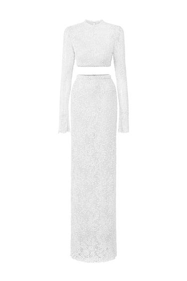 White Mesh Lace Long-Sleeve Crop Top & Beige Mesh Lace Column Skirt Set - IHF STUDIO