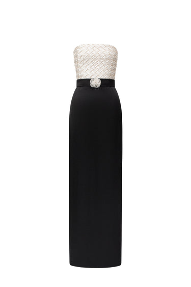 White Silk Square Crisscross Strapless Column Dress with Black Silk Taffeta - IHF STUDIO