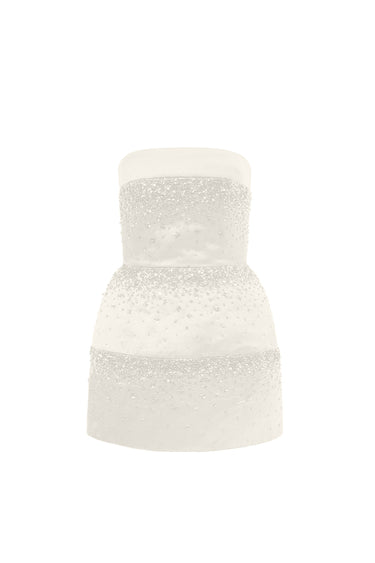White Taffeta Mini Column Dress with Sequin Floral Embellishment - IHF STUDIO