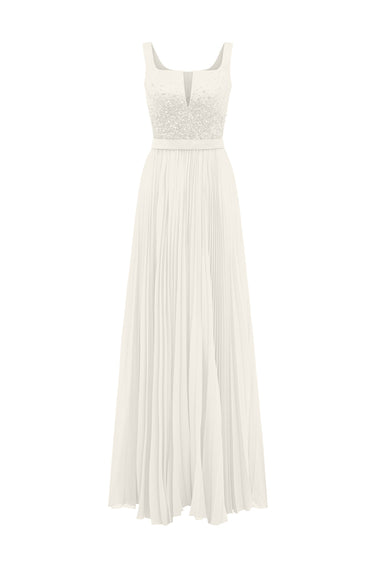 White Taffeta Pleated Chiffon Maxi A-line Gown with Sequin Floral Cape Panel - IHF STUDIO