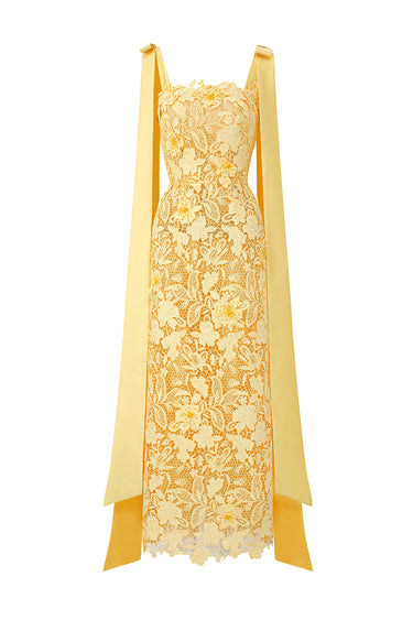 Yellow Floral Garden Lace Column Dress with Bow Straps - IHF STUDIO