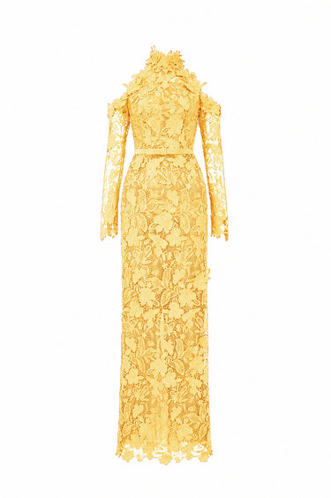 Yellow Floral Garden Lace Dress With Halter Neck And Long Sleeves - IHF STUDIO