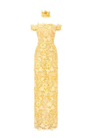 Yellow Floral Garden Lace Off-Shoulder Dress - IHF STUDIO