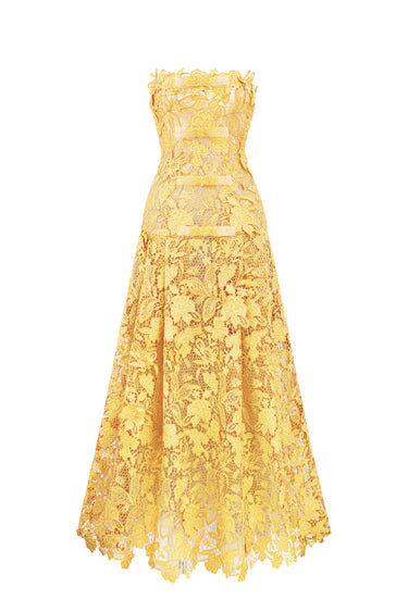 Yellow Floral Garden Strapless A-Line Dress - IHF STUDIO
