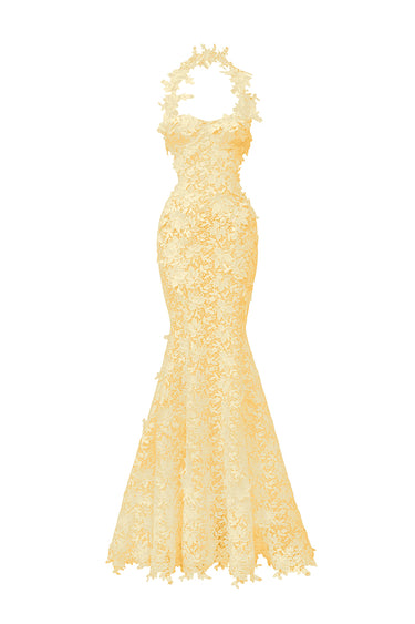 Yellow Floral Vine Lace Mermaid Dress with Cupped and Cut-Out Waist - IHF STUDIO