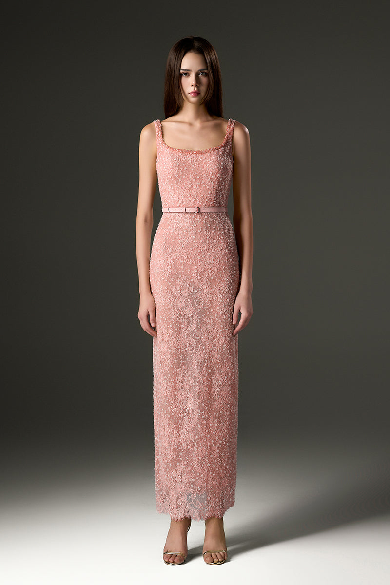 Light Pink Mesh Lace Square-Neck Midi Dress with Petite Sequin & Leath IHF STUDIO Light Pink Mesh Lace Square-Neck Midi Dress with Petite Sequin & Leath IHF STUDIO