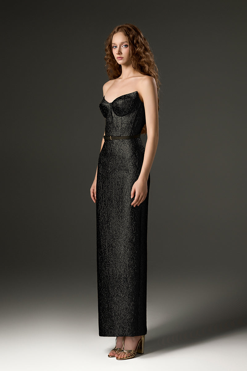 midi column dress Black Metallic-Lacquer Jacquard Bustier Midi Column Dress with Lotus-P IHF STUDIO midi column dress Black Metallic-Lacquer Jacquard Bustier Midi Column Dress with Lotus-P IHF STUDIO