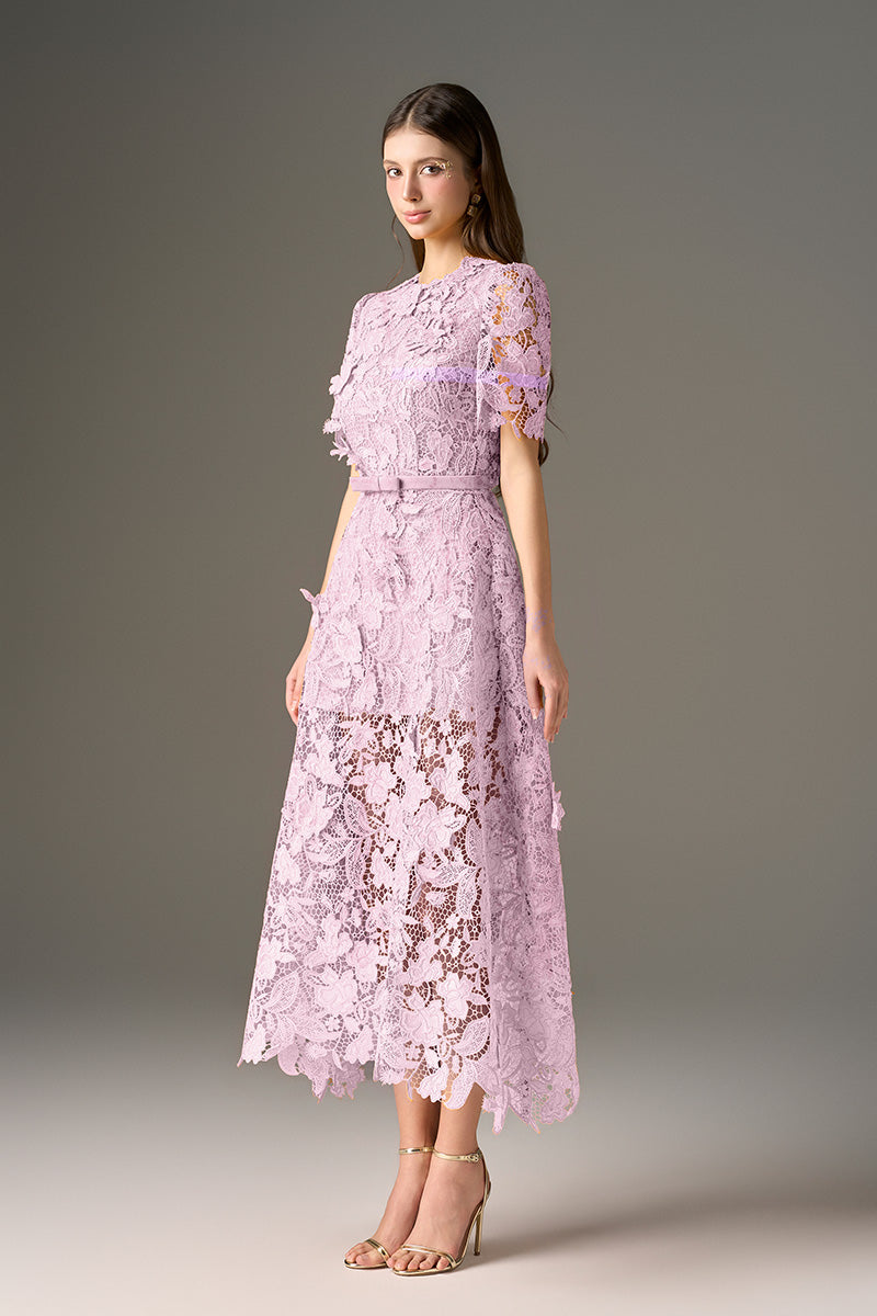 Purple Lace A-line Midi Dress, Short Sleeves