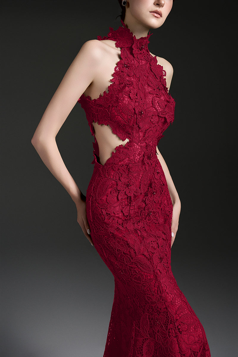 Red Lace Halter Mermaid Maxi Dress