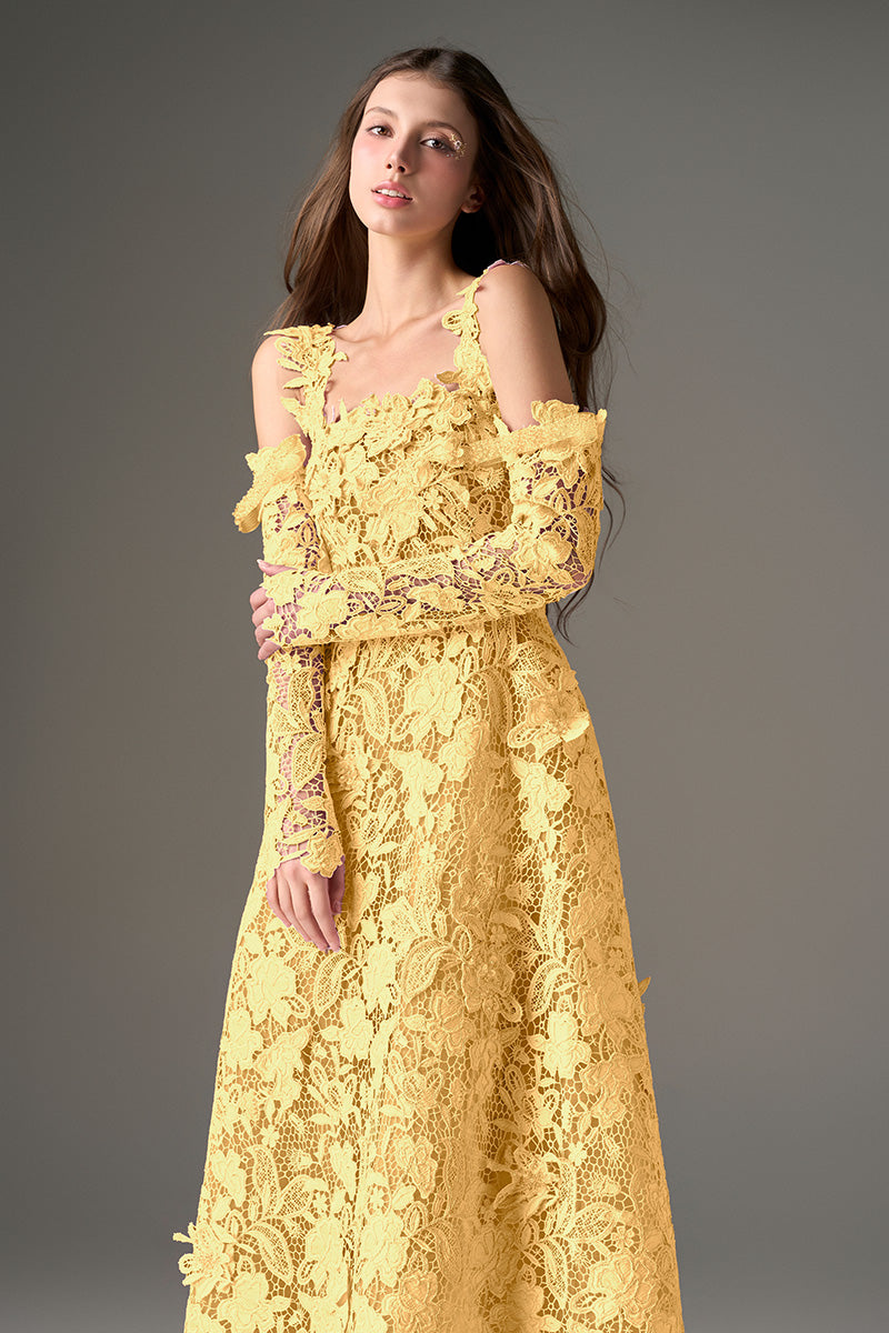 Yellow Lace Off-Shoulder A-line Maxi Dress