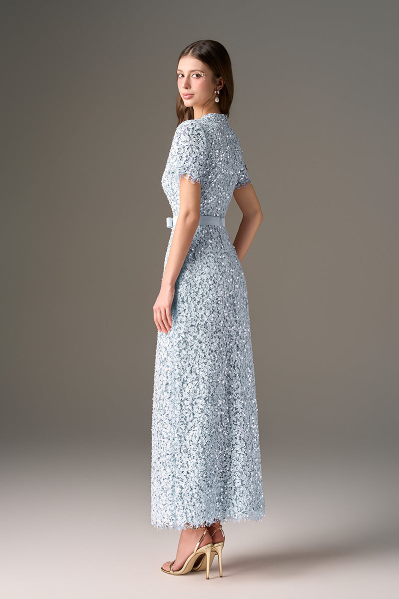 Blue Sequin Lace A-line Midi Dress