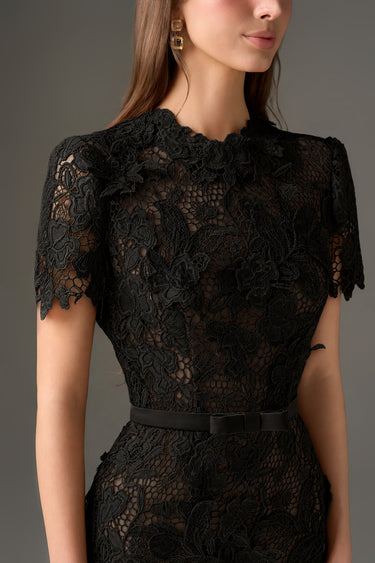 Black Floral Garden Short Sleeves Bodycon Dress