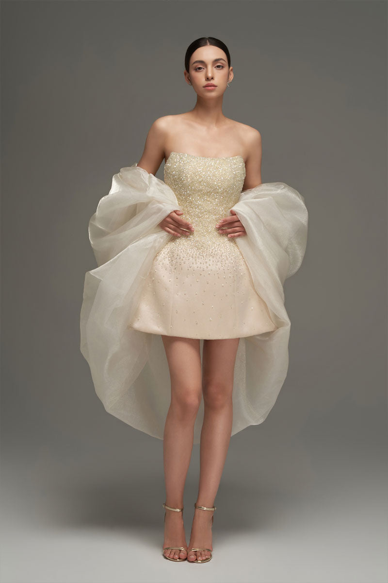 Beige Crystal Corset Mini Dress, Bell Skirt