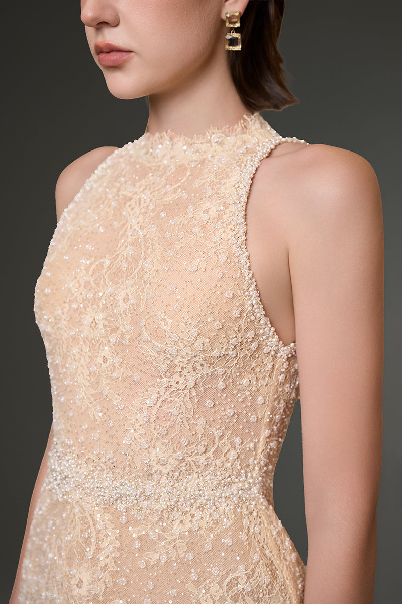 Beige Mesh Lace Halter Mini Dress With Petite Sequin & Pearl Details – IHF  STUDIO