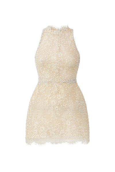 Beige Mesh Lace Halter Mini Dress