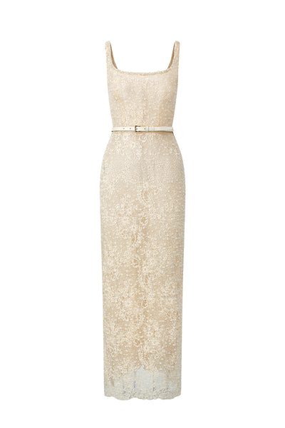 Beige Mesh Lace Square-Neck Midi Dress