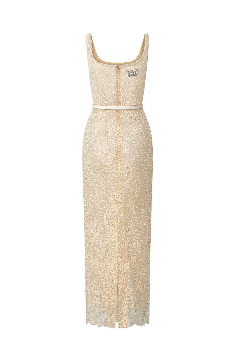 Beige Mesh Lace Square-Neck Midi Dress