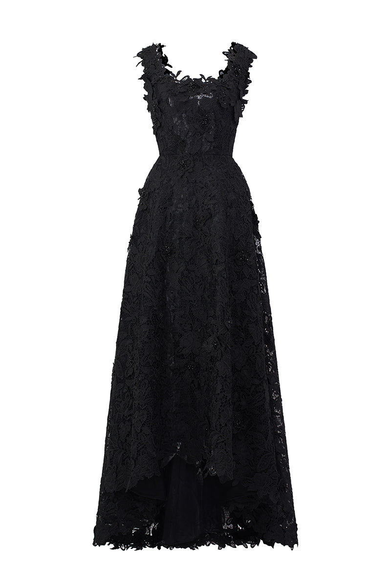 Black Floral Garden Lace Trapeze Midi Mullet A-line Dress With Pearl C Black Floral Garden Lace Trapeze Midi Mullet A-line Dress With Pearl C