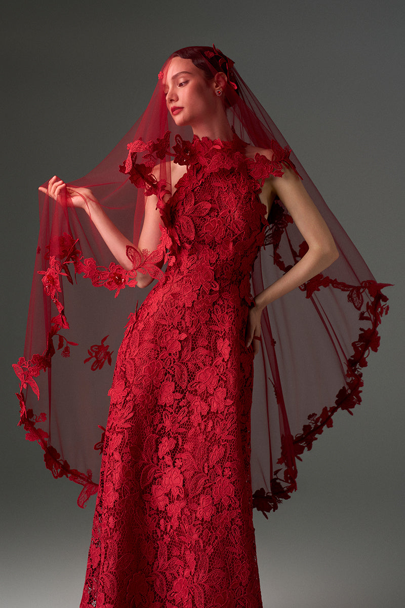 Red Lace Maxi A-line Gown with Veil