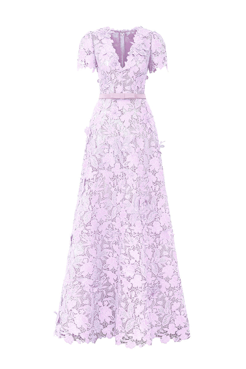 Purple Lace A-line Maxi Dress, Short Sleeves