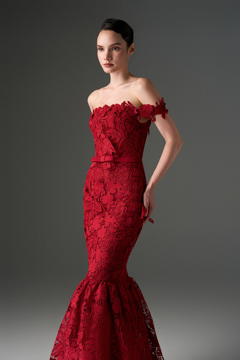 Red Lace Off-Shoulder Midi-Mermaid Dress