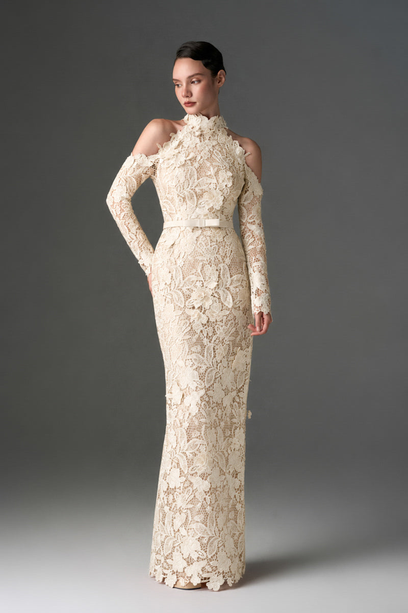 Floral Garden Lace Dress With Halter Neck And Long Sleeves S