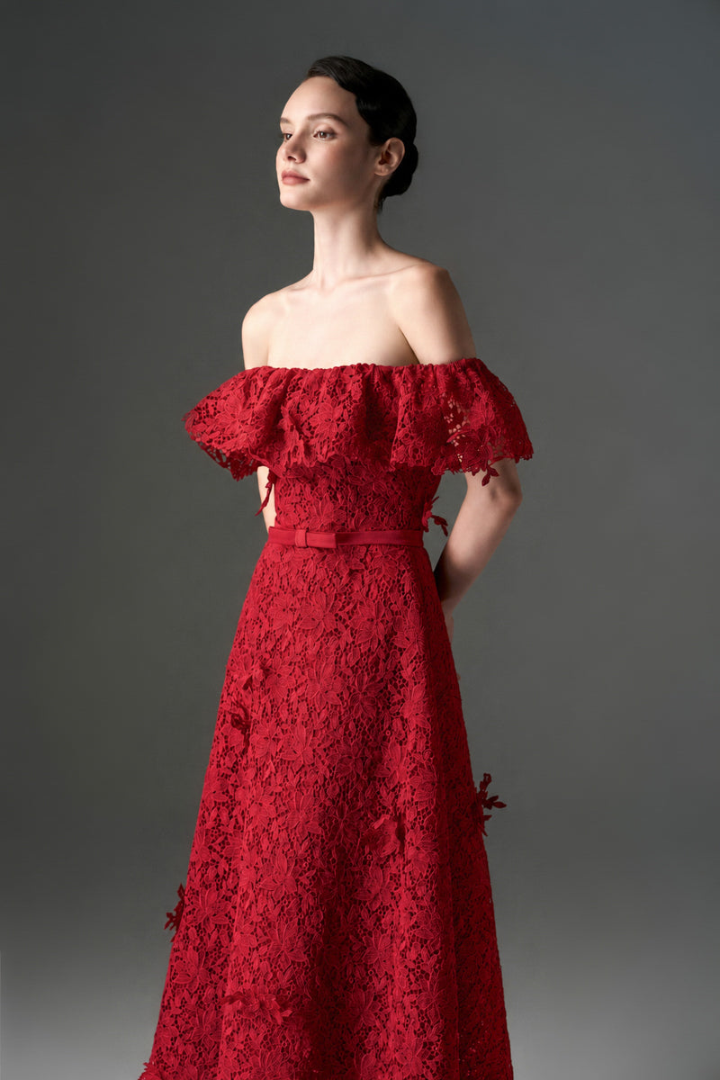 Red Vine Lace Midi A-line Dress