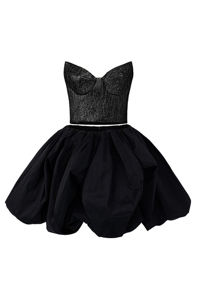 Black Metallic-Lacquer Jacquard Bustier Crop Top & Black Taffeta