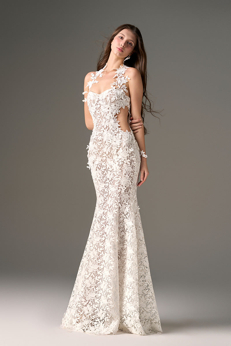 vone lace dress Floral Vine Lace Mermaid Dress with Cupped and Cut-Out Waist