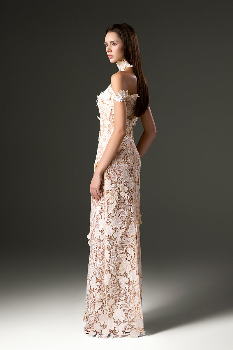 Ivory Floral Garden Lace Bustier Column Dress With Off-Shoulder Detail –  IHF STUDIO