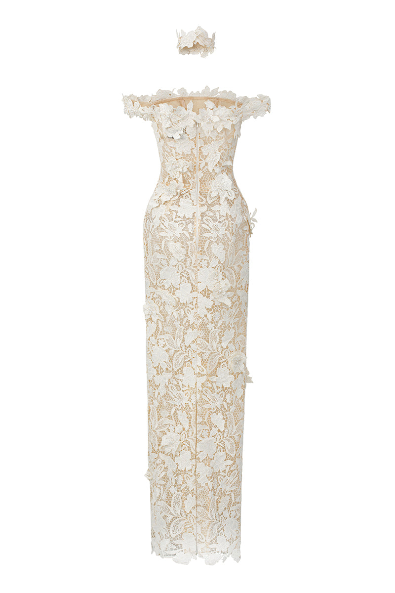 ivory column dress May Queen MQ2242 - Long Column Dress - Sleeveless, Pleated Bodice, Lace Up Back, Drape Ruffles, Leg Slit, Sweep Train 8 / Ivory