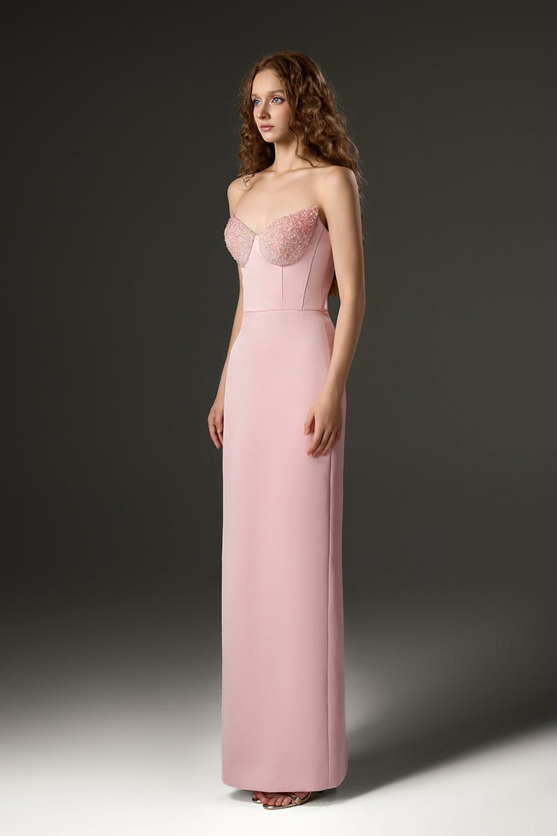 pink column dress Light Pink Silk Taffeta Bustier Column Dress With Lotus Pental-Shaped – IHF STUDIO
