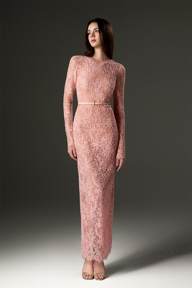 pink lace dress midi Light Pink Mesh Lace Long-Sleeve Midi Dress With Petite Sequin Embelli –  IHF STUDIO