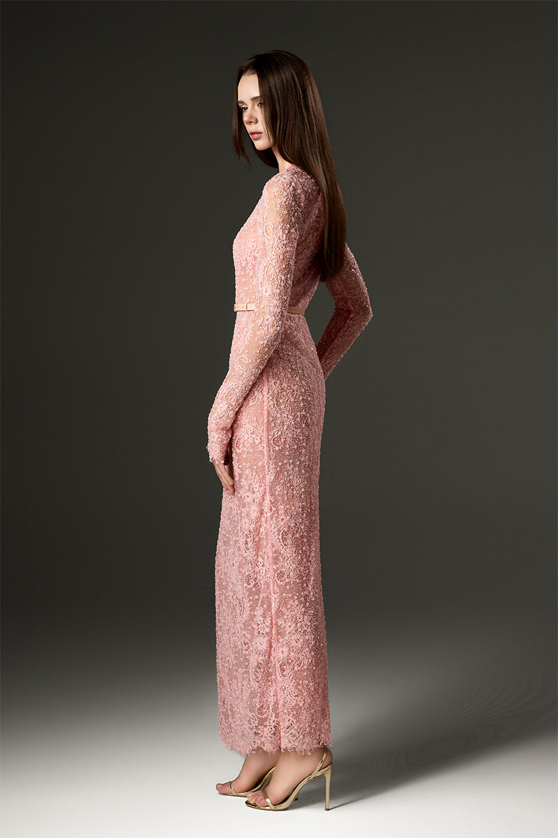 Light Pink Mesh Lace Long-Sleeve Midi Dress With Petite Sequin Embelli   IHF STUDIO
