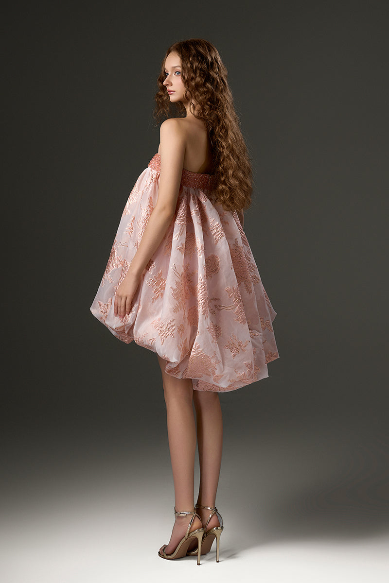 Light Pink Organza Bubble Bustier Mini Dress With Ro-sette Woven Roses ...